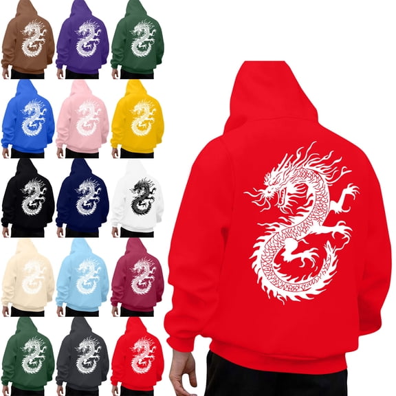 Danhjin Trendy Print Hoodies for Men Fall Winter Pullover Sweatshirts with Dragon Graphic Fashion Long Sleeve Outdoor Activity Stylish Tops