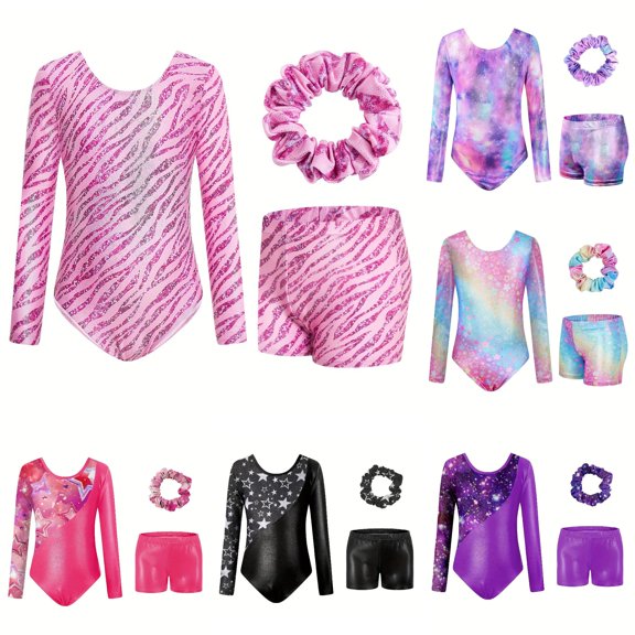 AWZXDE Girls Long Sleeve Gymnastics Leotard With Digital Print Ballet Dance Unitard For Training Performance Comfortable Stretch Outfits Set Light Pink,5-6 Years