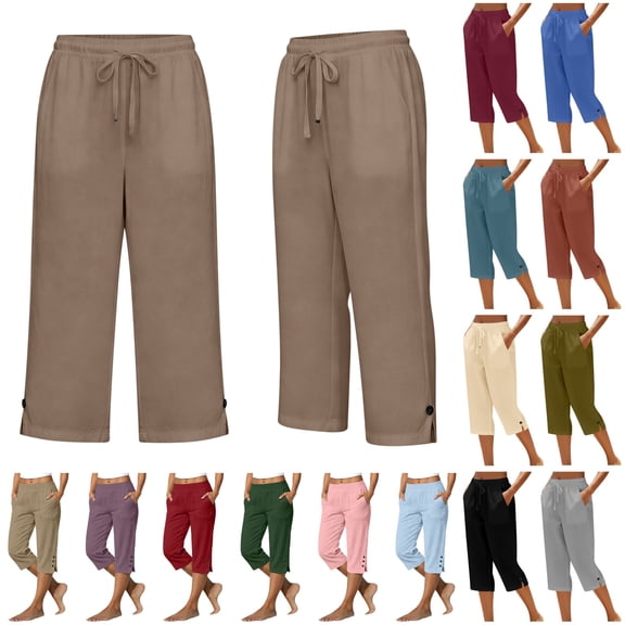 QIUOMBBP Ladies Capris Pants Loose Fit Straight Leg Drawstring Elastic Waist Beach Pants Solid Casual Summer Linen Cropped Trousers Navy XXXXL