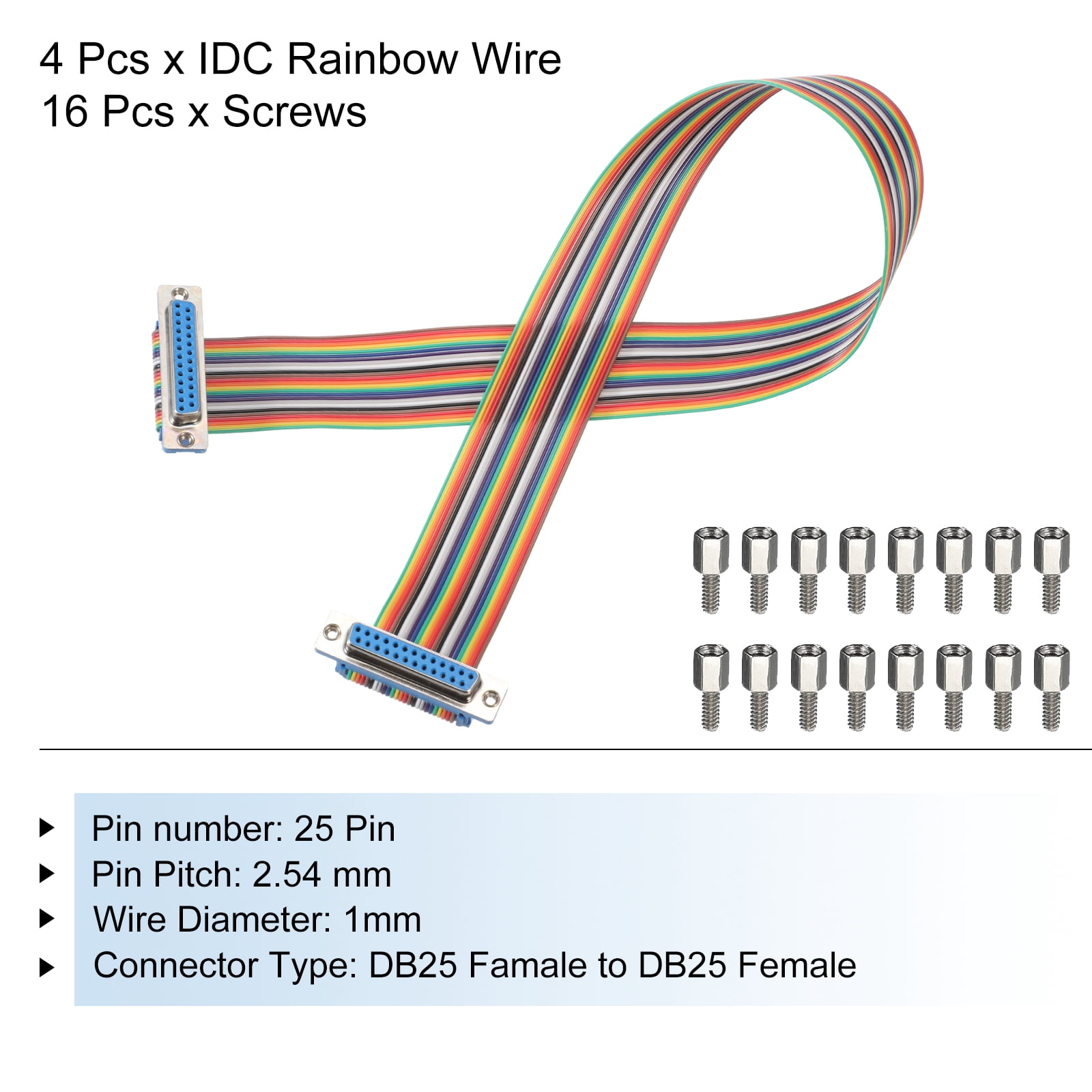 4 Pcs IDC Rainbow Wire Flat Ribbon Cable DB25 Female to DB25 Female 19.7 Inch Length 2.54mm Pitch Breadboard Jumper Wires for Electronic Projects