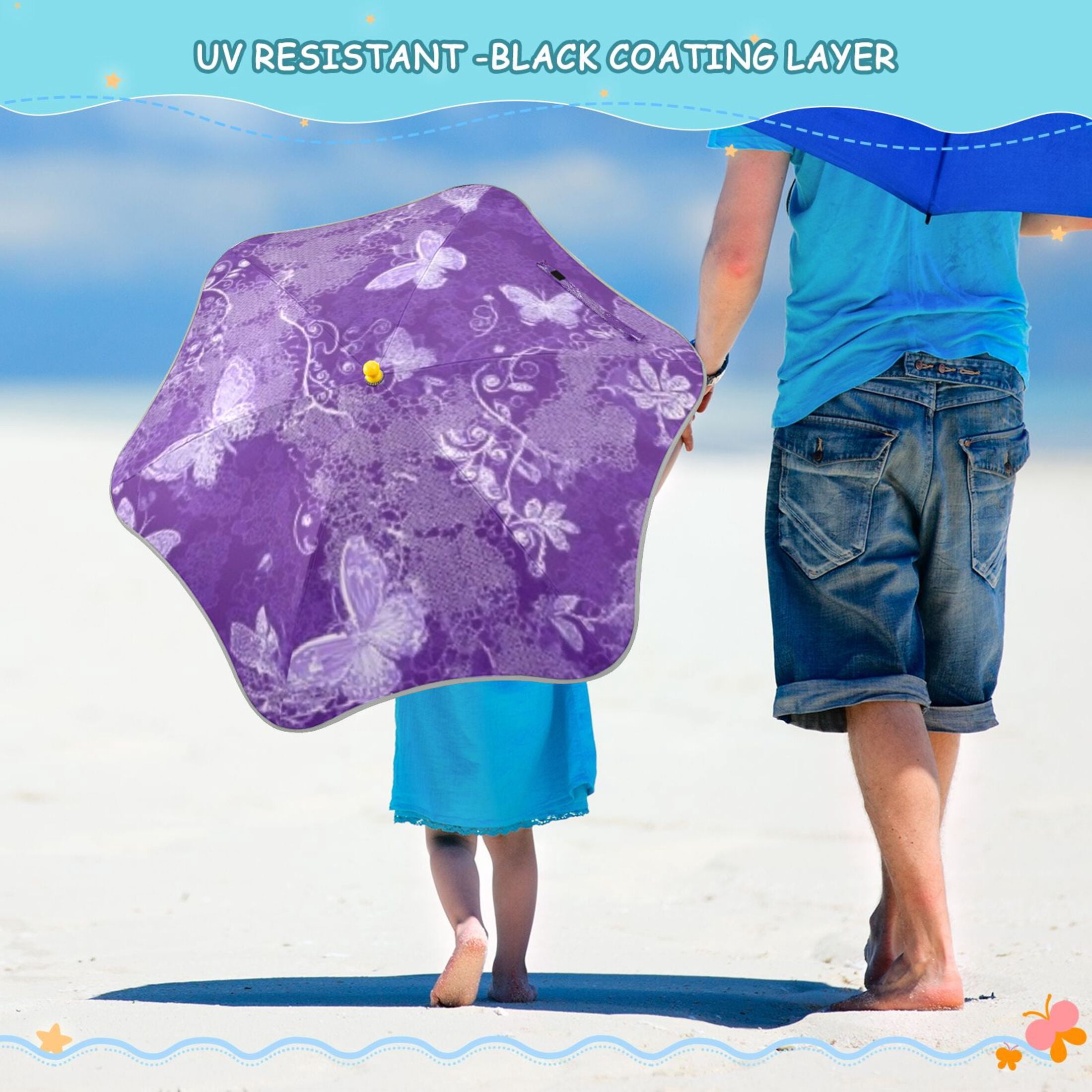BZSMCE Folding Umbrellas Rain & UV Protection Windproof In Purple Lace Butterfly Botanical Pattern