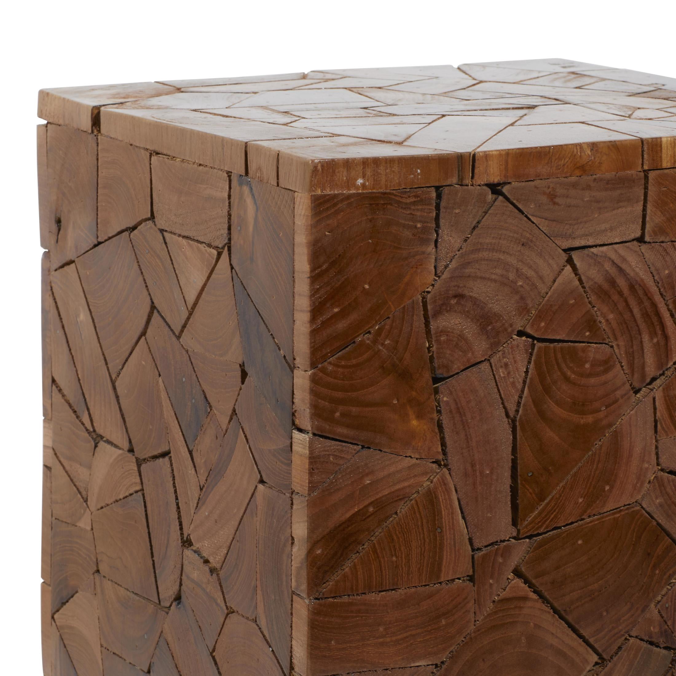 DecMode 12" x 16" Brown Teak Wood Handmade Square Block Accent Table with Mosaic Wood Chip Design, 1-Piece