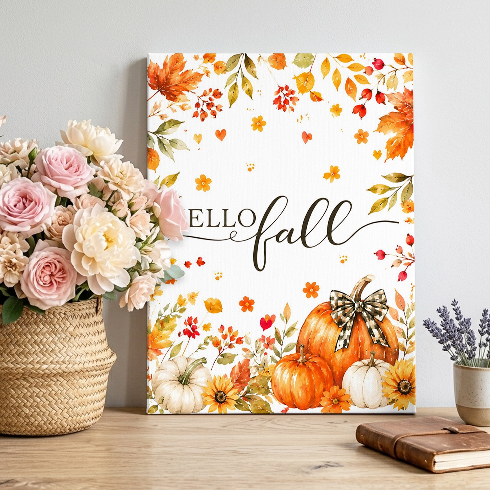 Canvas Wall Art Hello Fall Framed Canvas Prints for Living Room Bedroom Maple Leave Orange Pumpkins Botanical Large Gallery Wrapped Wall Decor for Home Office Gifts 16 x20 Ship Next Day