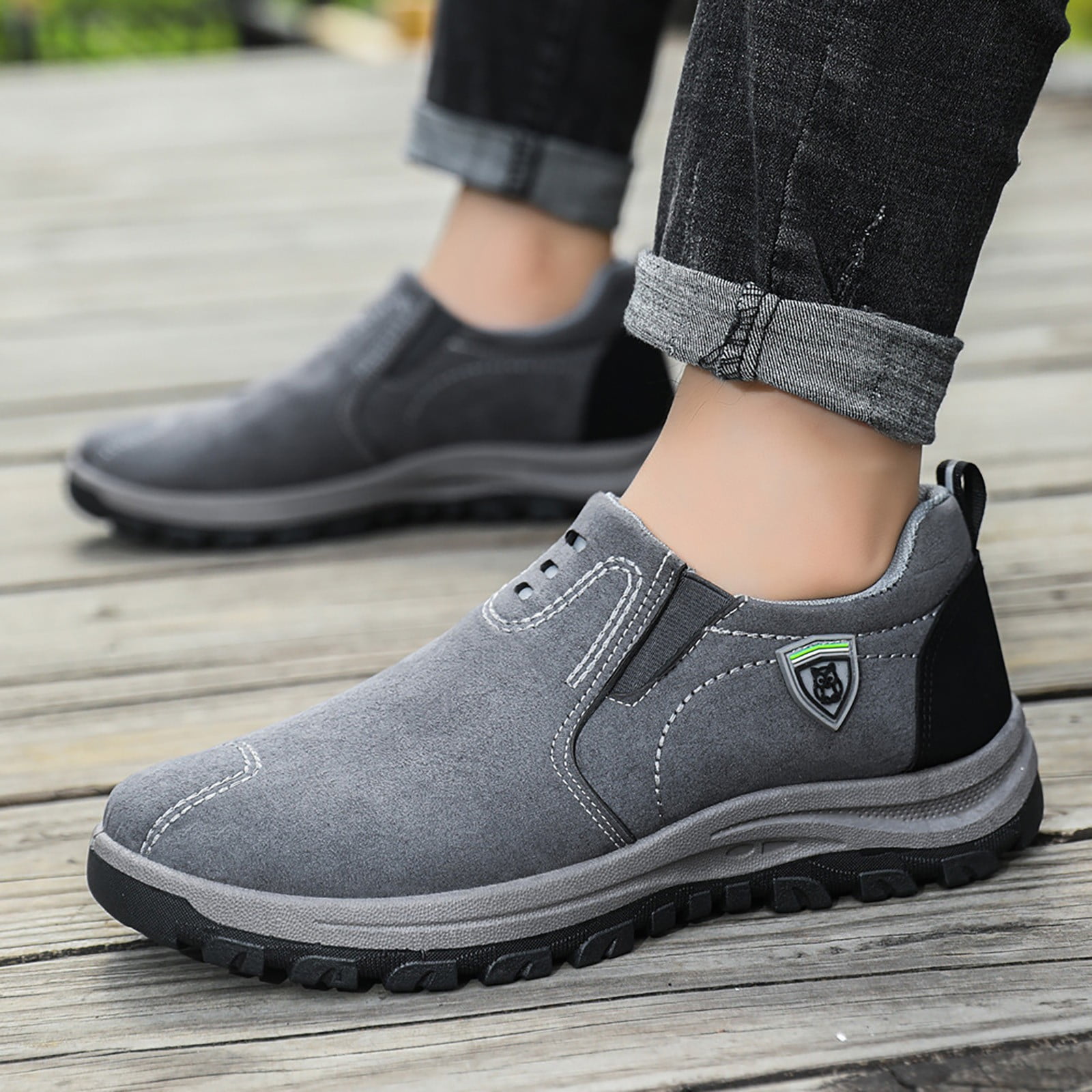 Durtebeua Men's Wide Hiking Shoes for Men Slip on Loafers Go Walking Shoes Trekking Trails Sneakers with Arch Support Grey,11