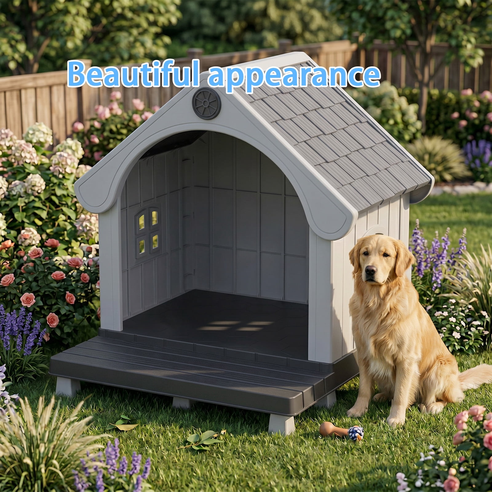 Fazzn Elevated Resin Dog House with Porch, Weatherproof Outdoor Pet Shelter for Small to Medium Dogs, Easy Assembly & Durable.Black