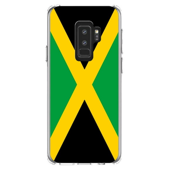 DistinctInk Clear Shockproof Hybrid Case for Samsung Galaxy S9  PLUS (6.2" Screen) - TPU Bumper, Acrylic Back, Tempered Glass Screen Protector - Jamaica Flag Black Green Yellow - Jamaica