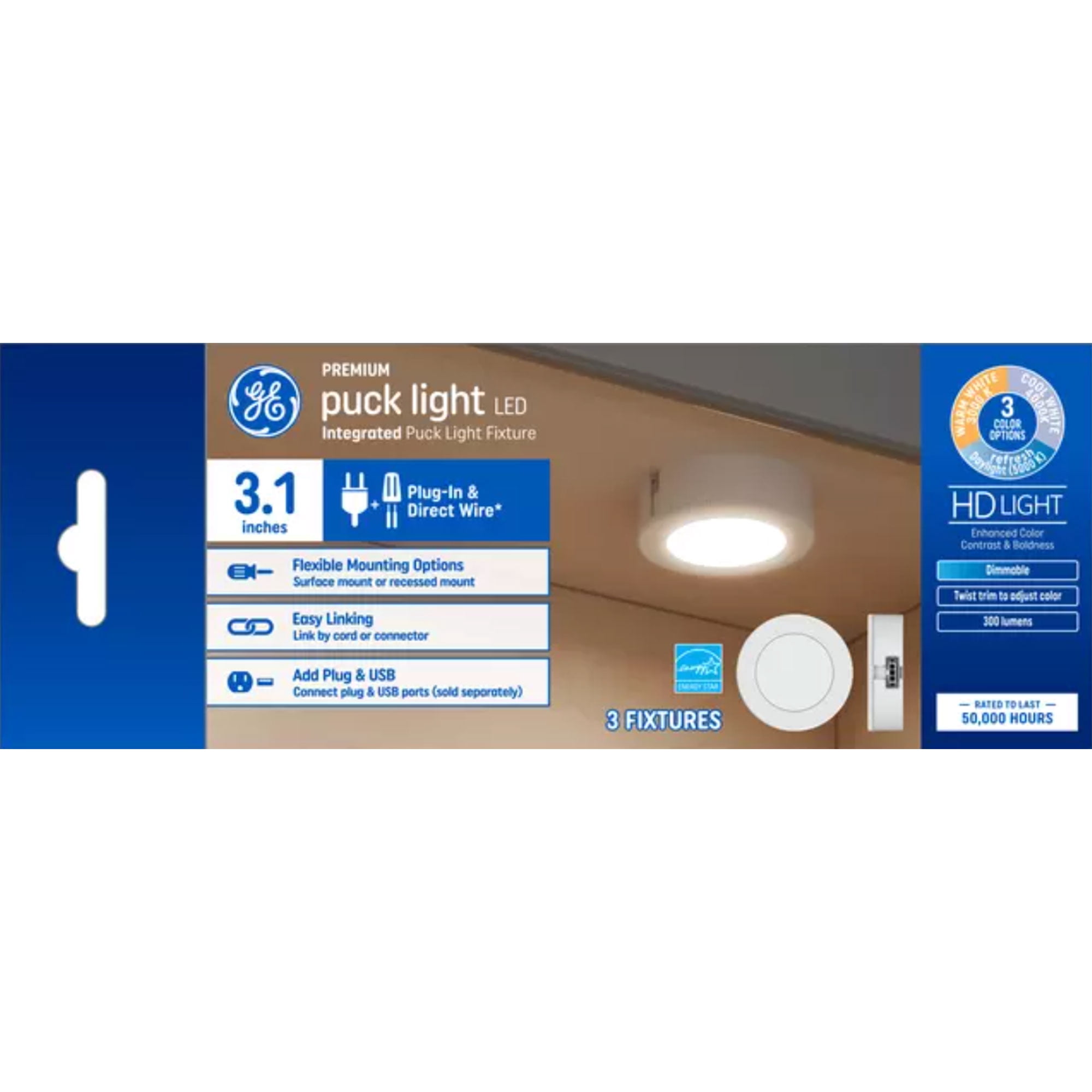 GE LED Plastic Puck Light w/Flexible Mounting Options & Easy Linking, White
