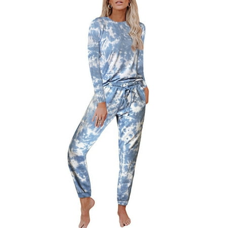 

Frontwalk Women Long Sleeve Tops and Joggers PJ Set Tie Dye Drawstring Slim Fit Nightwear Lounge Sleeping Homewear with Pockets Royal Blue M