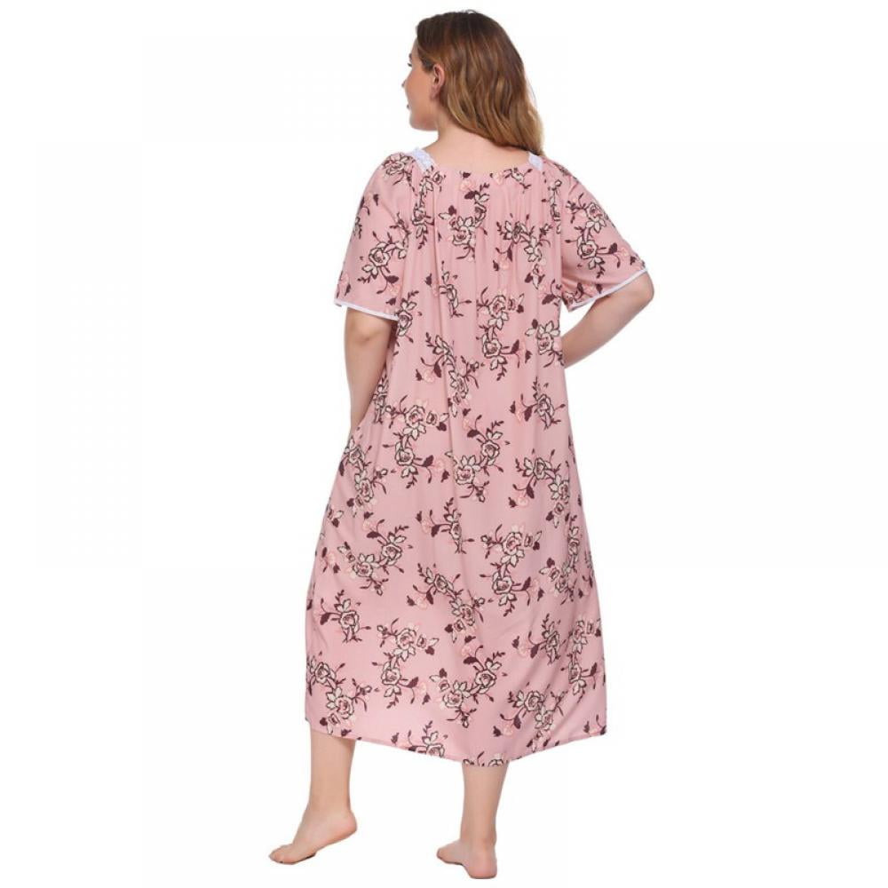 Ladies Nightwear Short Sleeve Printed Floral Nightdress Casual Long Dress Plus Size