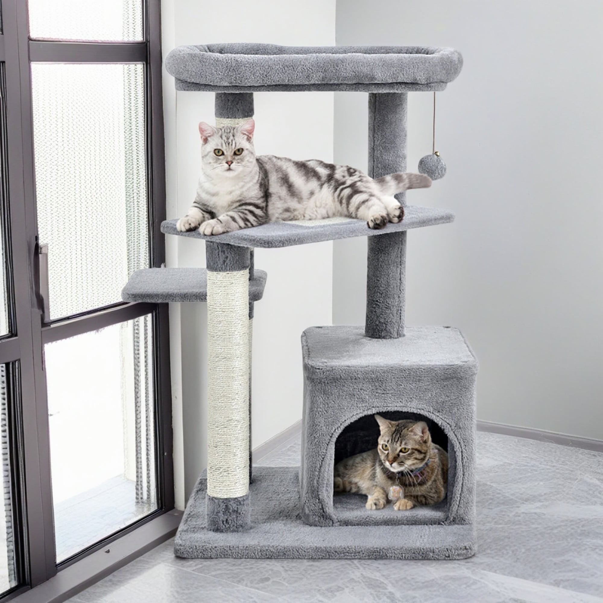 resenkos 33" Cat Tree for Small Indoor Cats, Plush Cat Tower with Large Cat Condo, Perch and Sisal Cat Scratching Post for Kittens, Gray