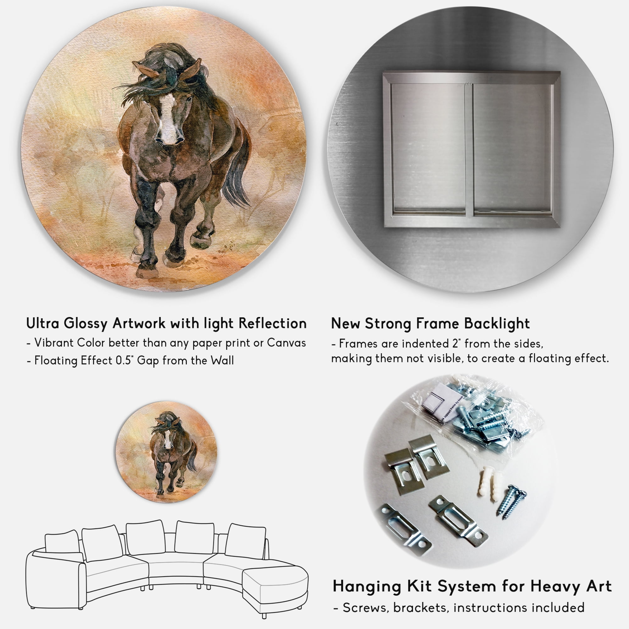 Designart 'Abstract Portrait Of Beautiful Chestnut Horse I' Farmhouse Circle Metal Wall Art 29x29 - Disc of 29