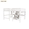 thumbnail image 4 of Double Loft Beds Twin&Twin Size, Modern Wooden Beds Frame with Middle Storage Staircase and Dual Built-in Desks, Storage Beds with Full-length Guardrails and Bookshelves, White, 4 of 7