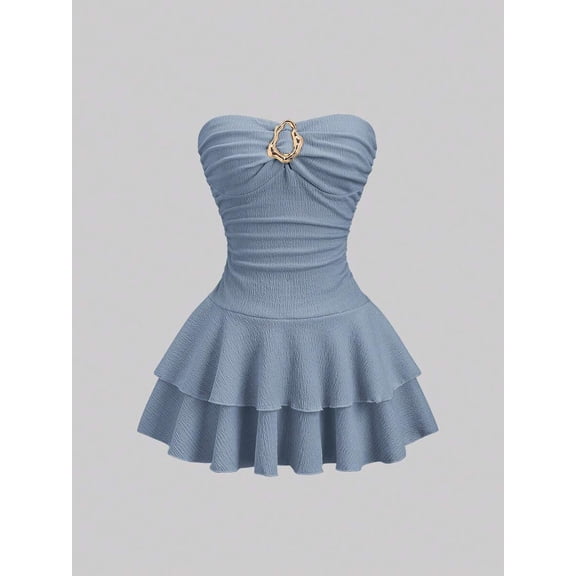 Dusty Blue Womens Strapless Ruched Bust Double Layer Ruffle Skirt Mini