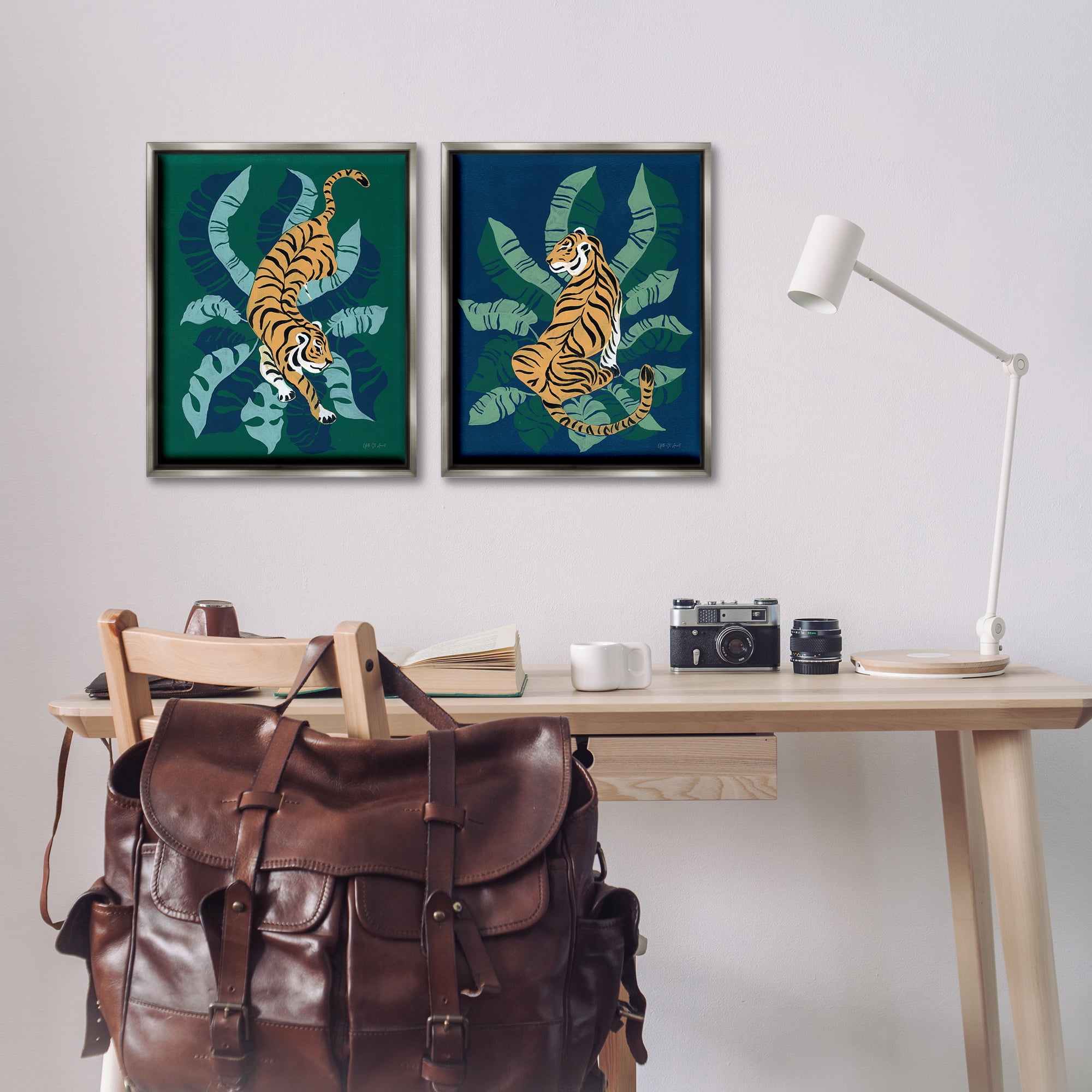 Stupell Industries Prowling Tiger Sitting Tiger Jungle Animals Painting Gray Floater Framed Canvas Art Print Wall Art, 17 x 21, Set of 2