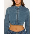 thumbnail image 3 of Liacowi Cropped Denim Jacket for Women Vintage-Inspired Denim Jacket Stand Collar Long Sleeve Zipper Denim Jacket Fall Casual Denim Blouse Coat, 3 of 9