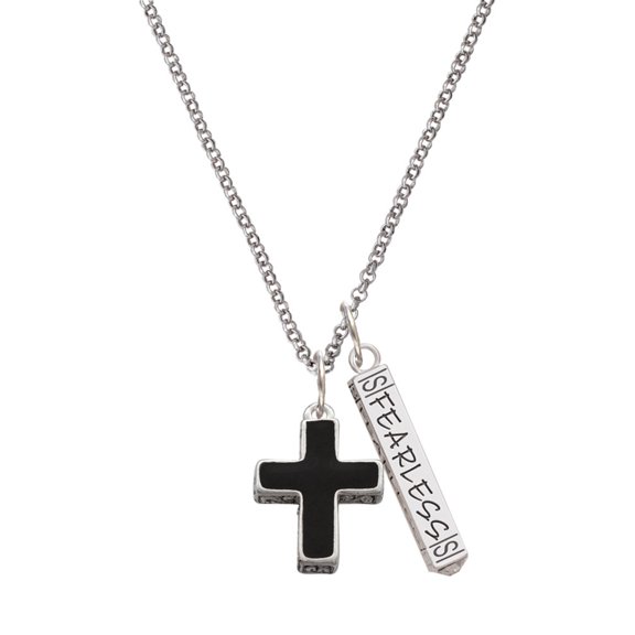 Delight Jewelry Silvertone Large Black Enamel Cross with Decorated Sides Silvertone Fearless Bar Charm Necklace, 23"