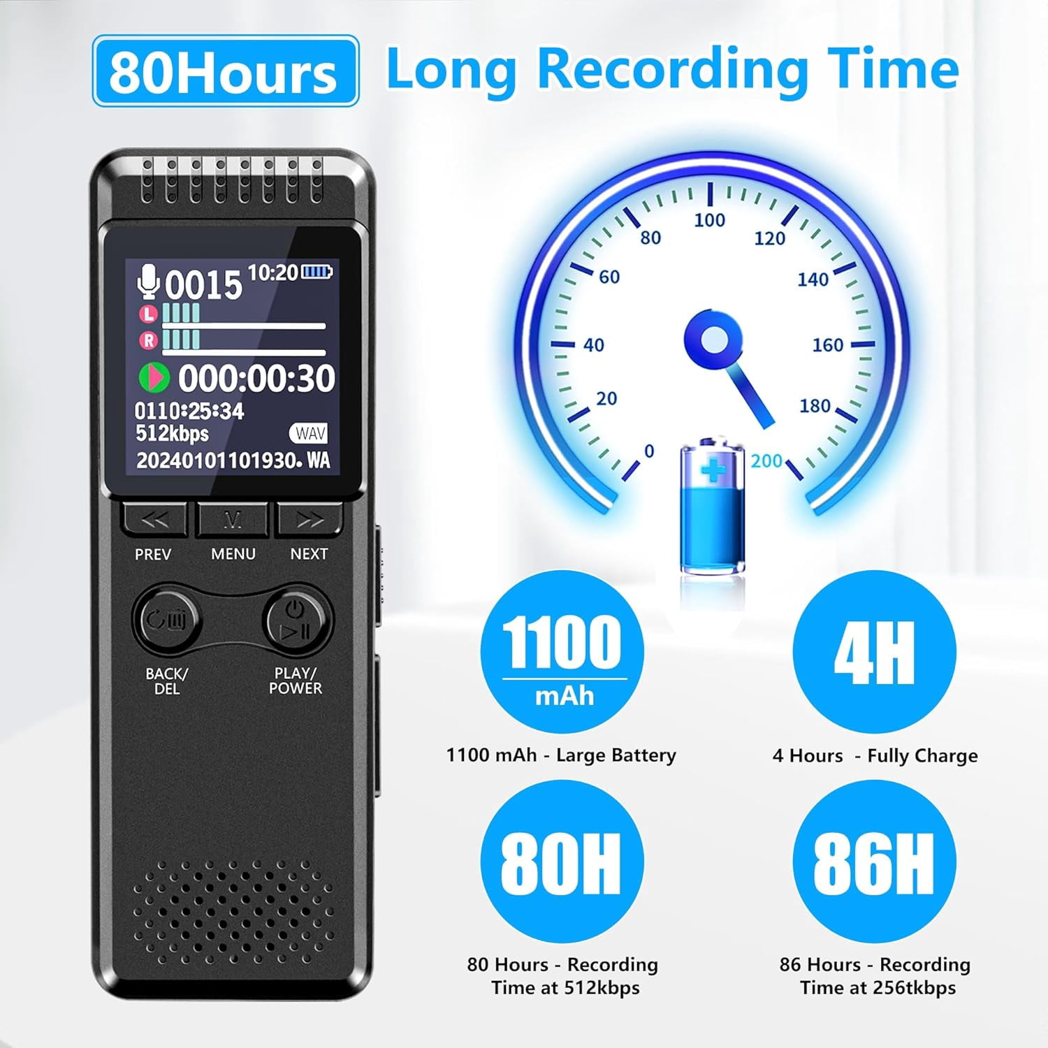 64GB Digital Voice Recorder with 8000 Hours Recording Capacity, 80Hrs Battery Time Voice Activated Recorder with Playback, Professional USB-C 1536kbps Audio Recorder for Meeting Lecture