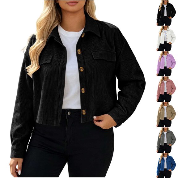 Chiccall Button Down Corduroy Trucker Jacket for Women Solid Cropped Lapel Collar Long Sleeve Casual Coat