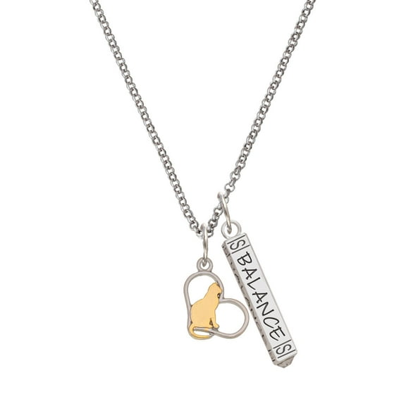 Delight Jewelry Two-tone Cat Silhouette Heart Silvertone Balance Bar Charm Necklace, 23"