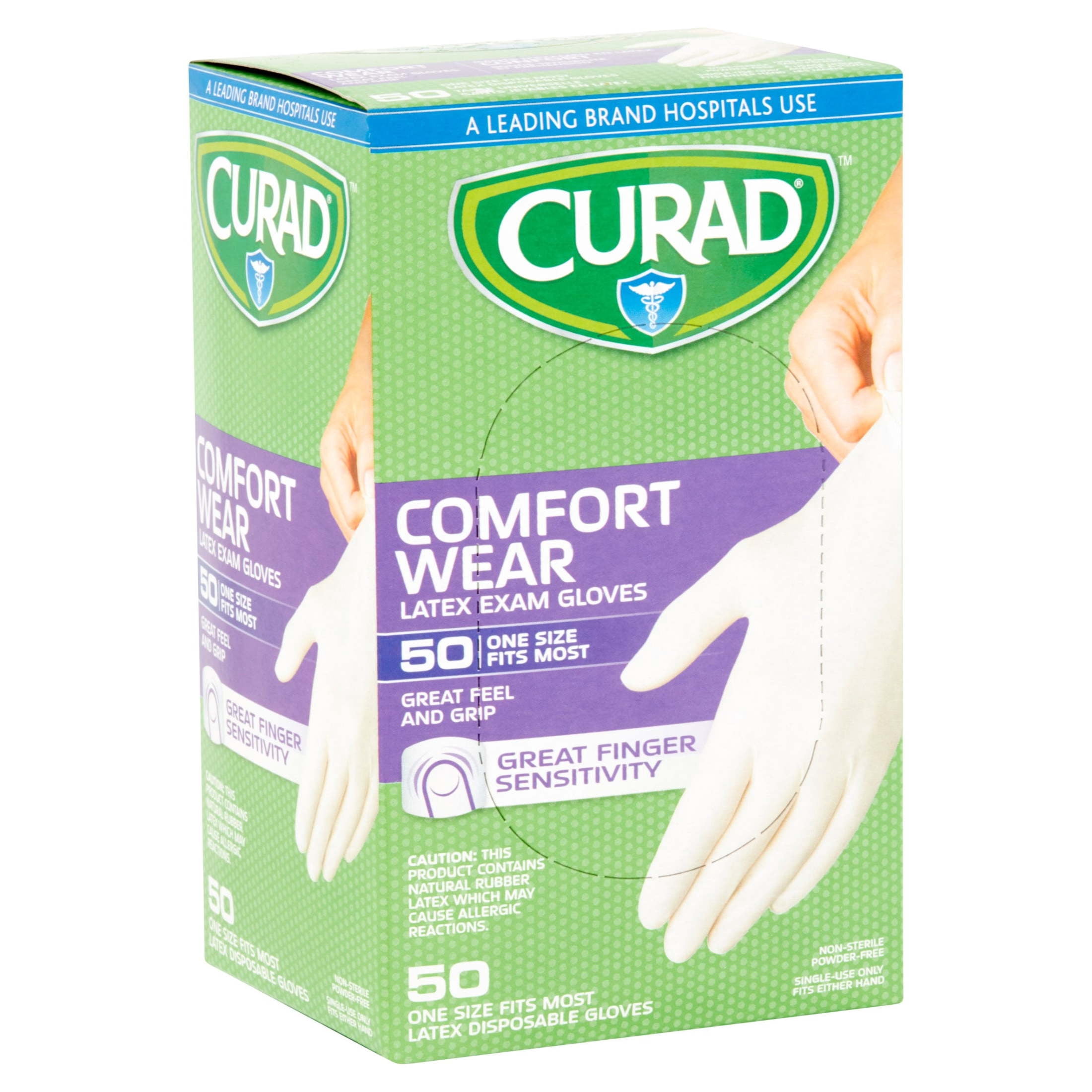 CURAD Comfort Wear Latex Exam Gloves, Powder-Free, One Size Fits Most, 50 count (Pack of 24)