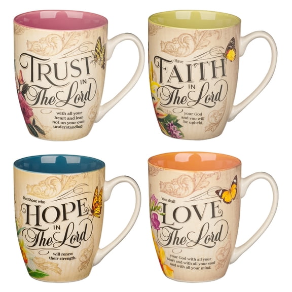 Christian Art Gifts Novelty Floral Ceramic Scripture Coffee & Tea Mug Set: Hope, Trust, Faith, Love - 4 Fancy Medium 12 oz. Cups w/Butterflies & Bible Verses, Multicolor Blue/Pink/Green/Orange Floral