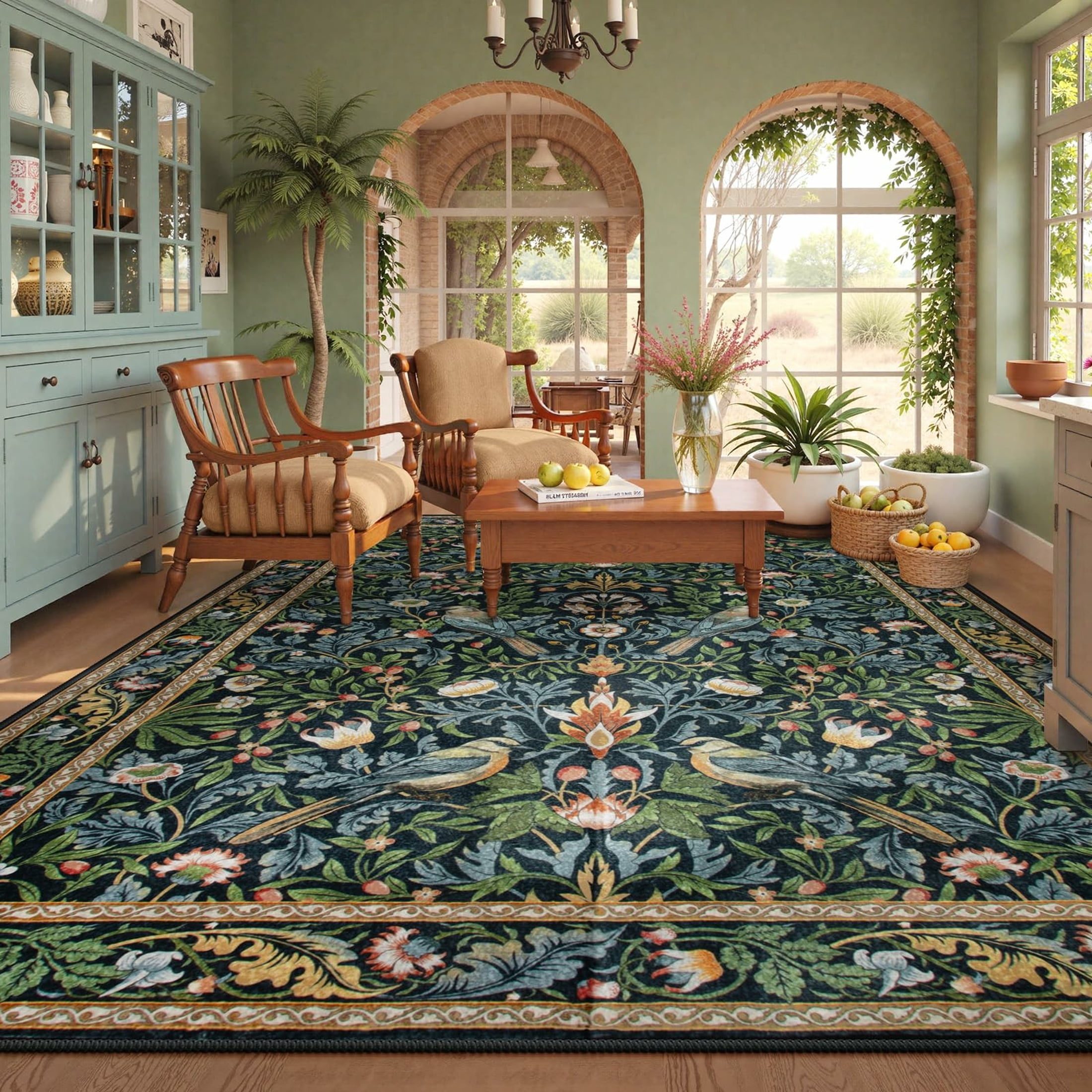 Moynesa 8'x10' Vintage Bird Washable Rugs for Living Room, Green Botanical Floral Large Area Rugs for Bedroom, Non-Slip Soft Natural Rugs for Dining Room, Accent Carpet for Under Table Apartment