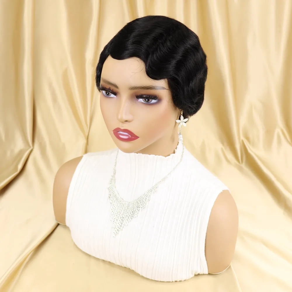 Short Pixie Cut Wigs for Black Women Mommy Brazilian Finger Ocean Wave Remy Human Hair Cheap Wig for Party Natural Black Color Full Machine Made