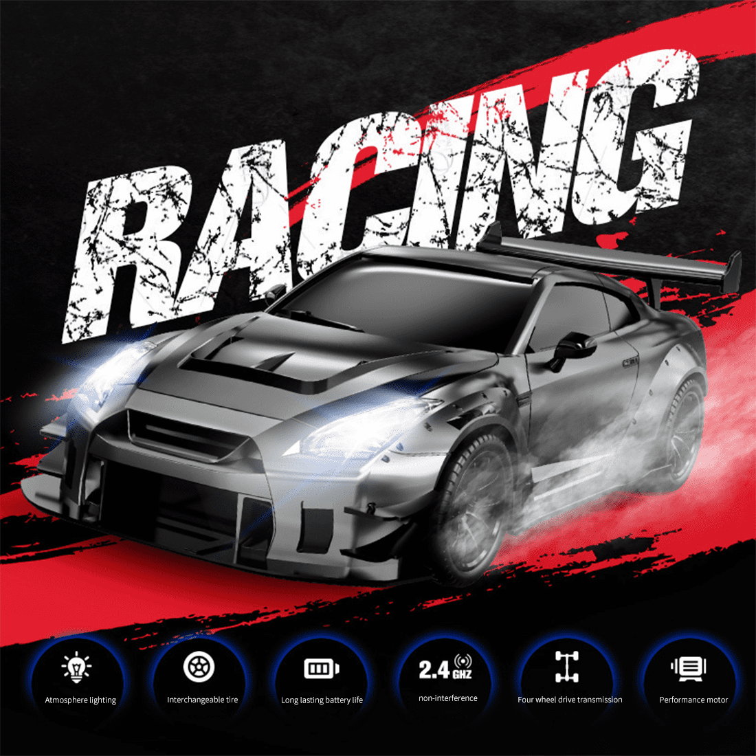 1:20 Scale High-Speed Remote Control Drift Car with Realistic Lights, 2.4GHz 4WD RC Stunt Car, 50-80m Range, USB Rechargeable, Ready-to-Run Racing Toy for Teens & Adults