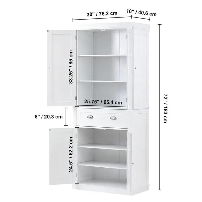 Kitchen Pantry Storage Cabinet, Freestanding Utility Cabinet with Doors, Drawer and Adjustable Shelves, Tall Food Buffet Pantry for Kitchen, Living Room, Dining Room, Laundry, White