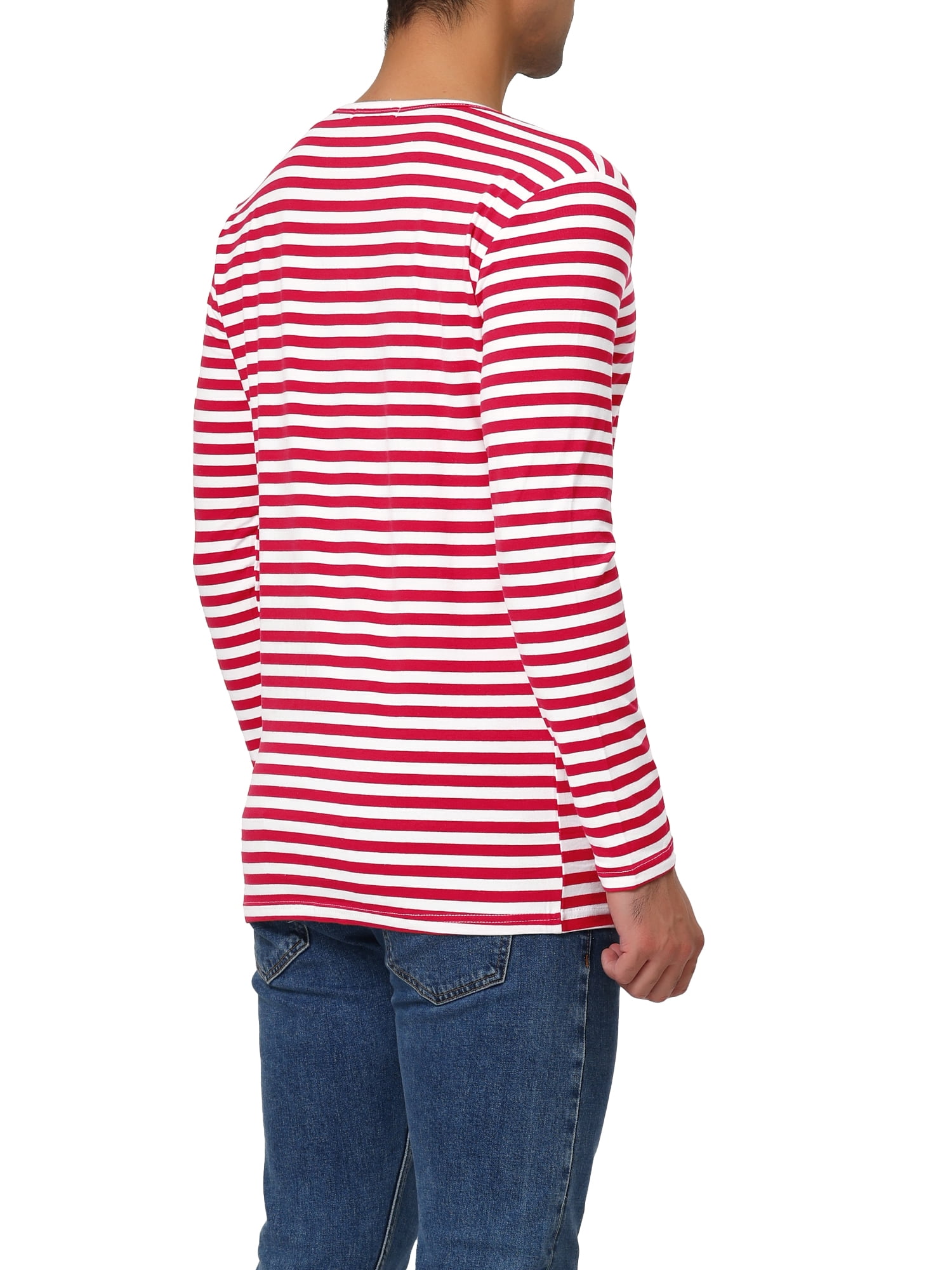 Unique Bargains Men's Long Sleeve Pullover Top Crew Neck Striped T-Shirts 38 White Red