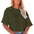 thumbnail image 2 of Trendfront Womens Summer Crew Neck Elbow Sleeve Tops Cropped Length Solid Color Tees Plain Casual Everyday Style Wear T-Shirts, 2 of 5