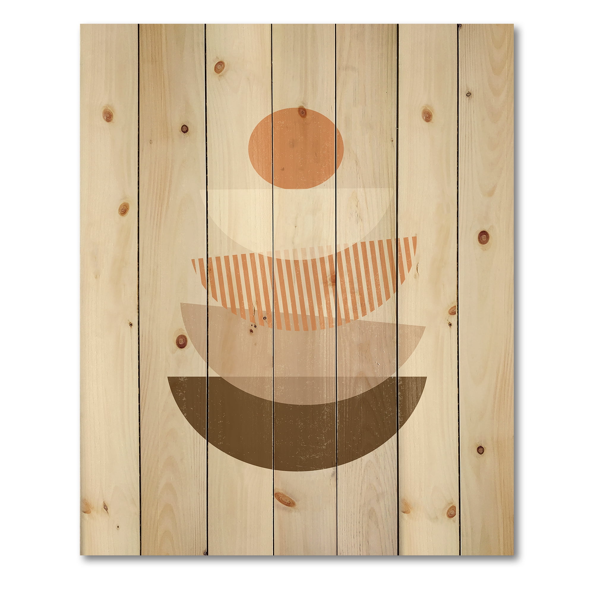 Designart 'Abstract Moon and Sun Geometrics In Terracotta I' Modern Print on Natural Pine Wood