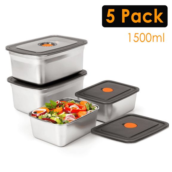 Ihvewuo Food Storage  Food Container 5PCS Stainless Steel Food Storage Container with Lid for Fridge Fruit Container Airtight Crisper Box for Vegetable Meat Cookie