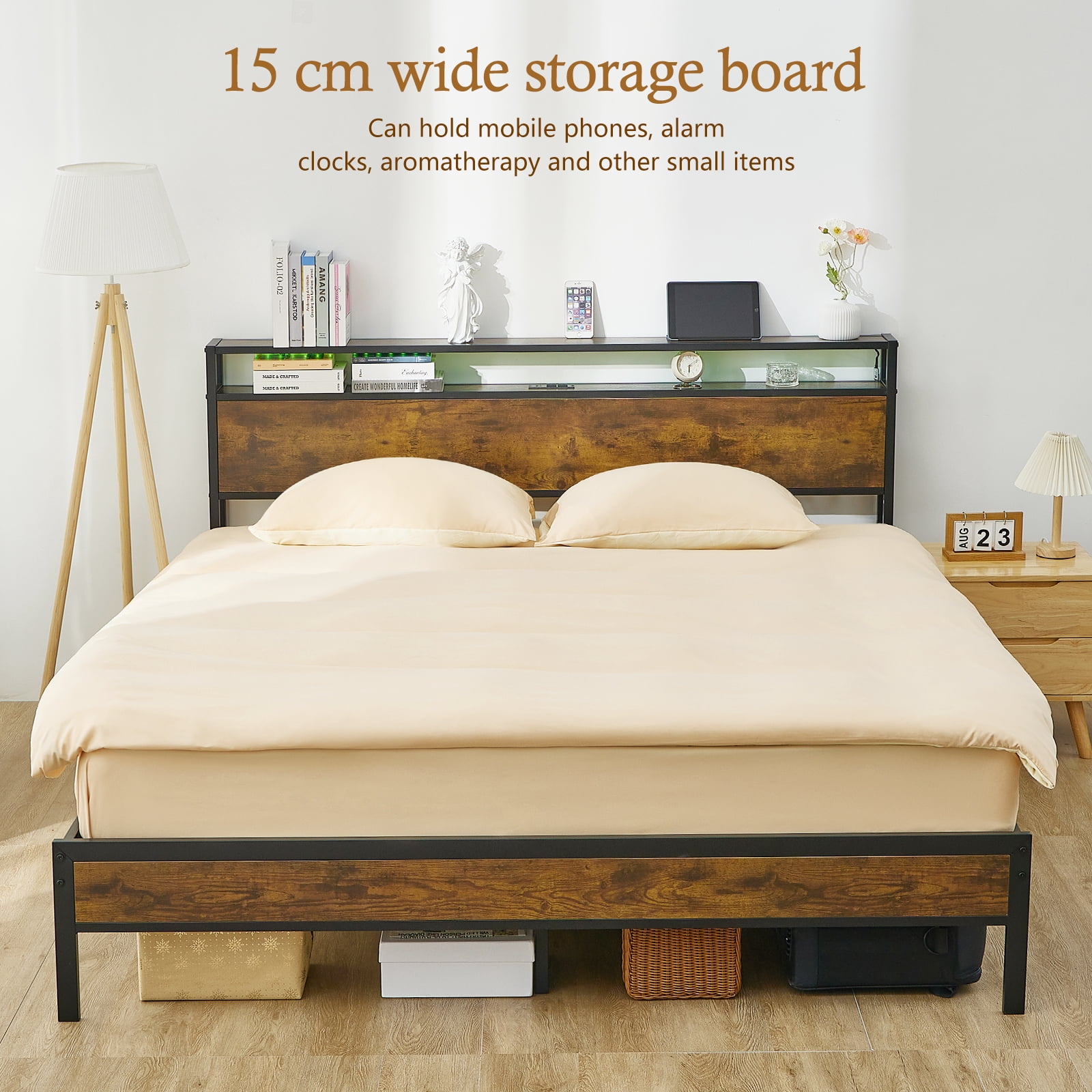 California King Bed Frames with Storage, Cali King Size Bed Frame with Headboard, Cal King Platform Bed with Power Outlets, USB Ports Charging Station and LED Lights, No Noise, No Box Springs Needed