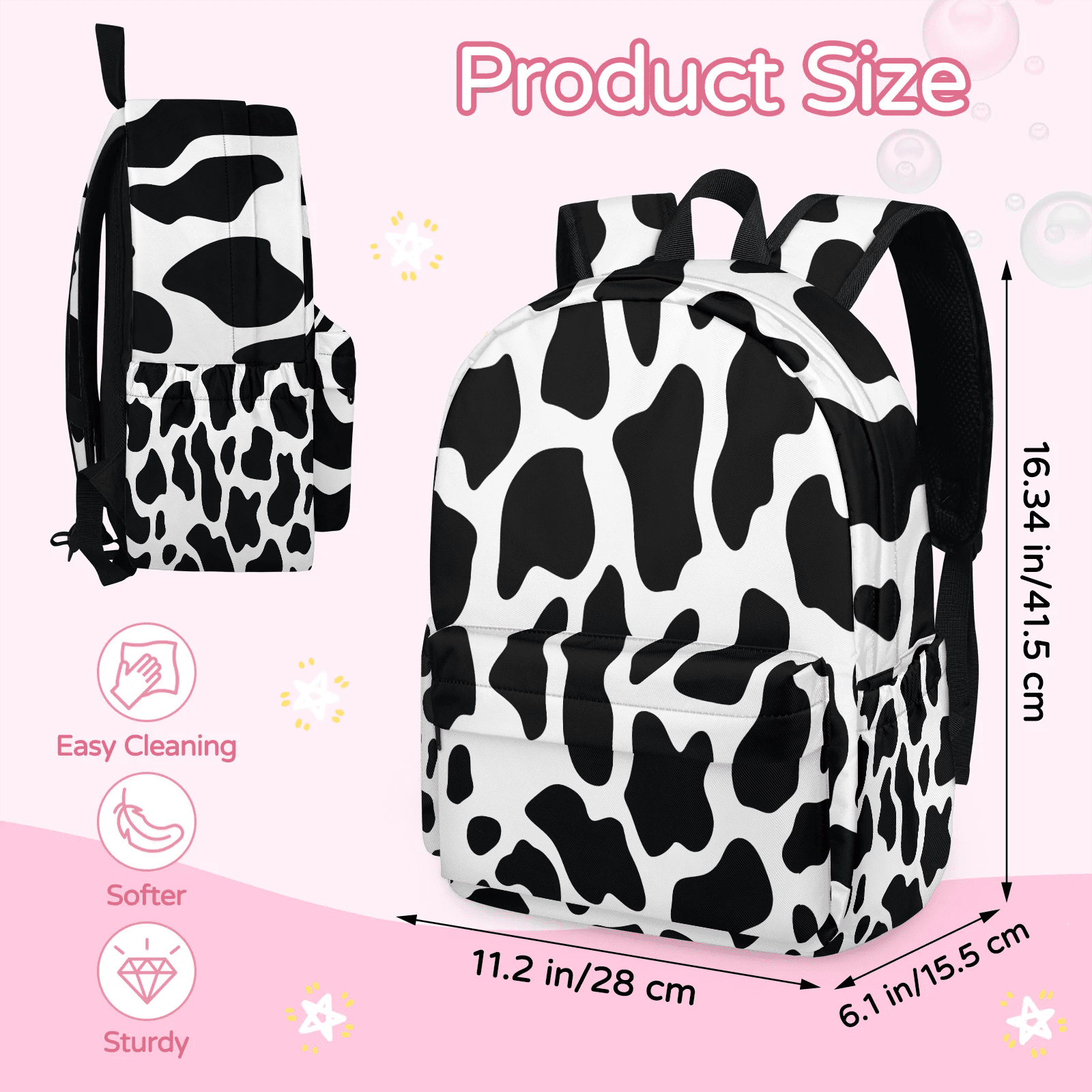 Herdesigns Black White Backpack for Men Women, Lightweight Laptop Backpack 16.3 Inch Fun Cow Print Farm Animal Casual Daypack for Travel Work Commuter