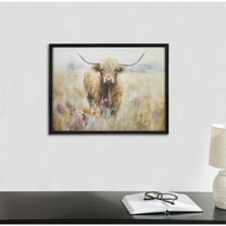 Kate and Laurel Highland Cow in a Flower Field Landscape Framed Wall Art by The Creative Bunch Studio, 16x12 Black, Cute Highland Cow Art for Wall
