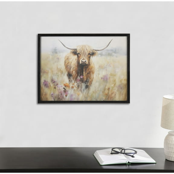 Kate and Laurel Highland Cow in a Flower Field Landscape Framed Wall Art by The Creative Bunch Studio, 16x12 Black, Cute Highland Cow Art for Wall