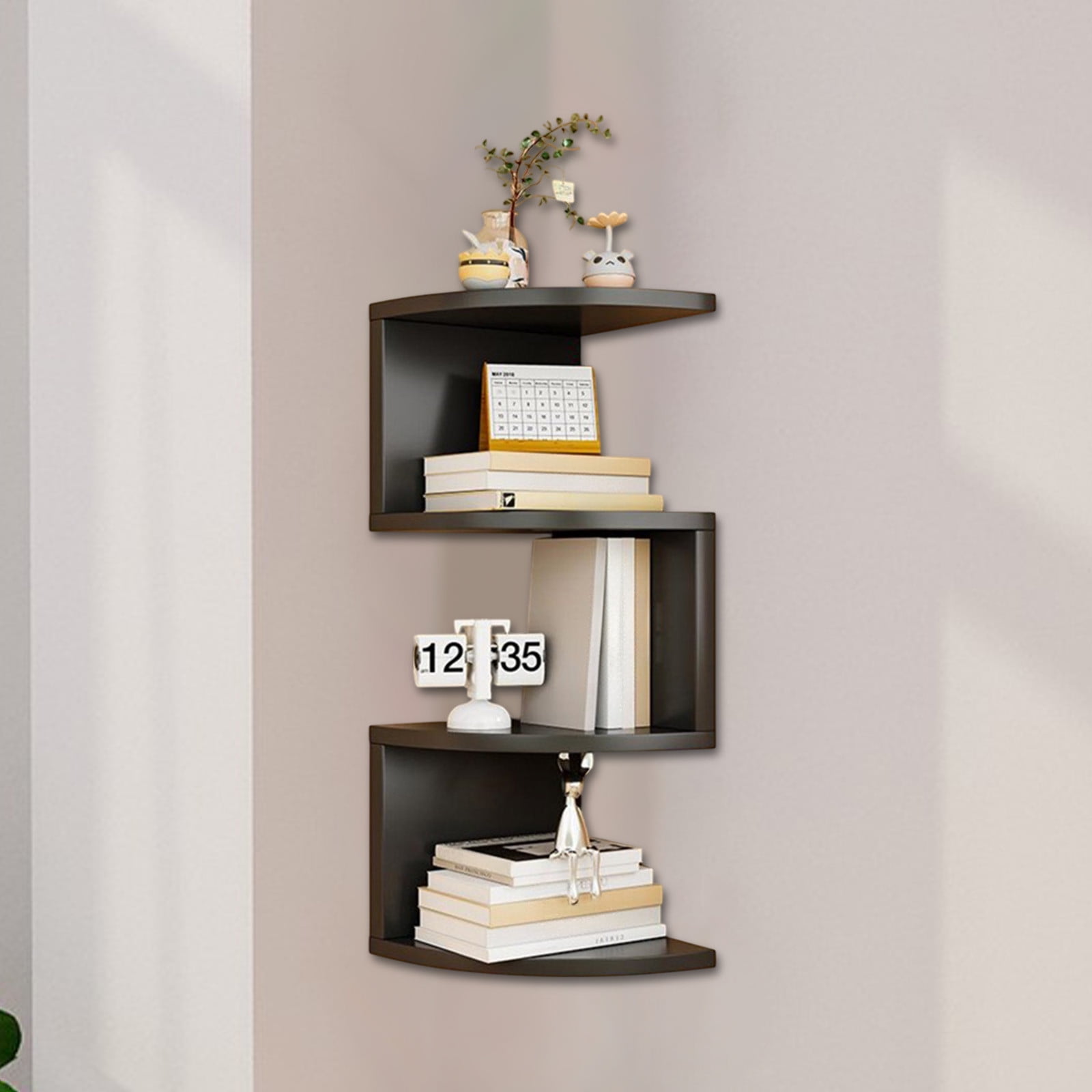 Corner Shelf Wall Mount, 4-Tier Floating Corner Bookshelf with Rounded Edge, Plant Shelf for Bedroom, Living Room, Bathroom, Home Office, Black