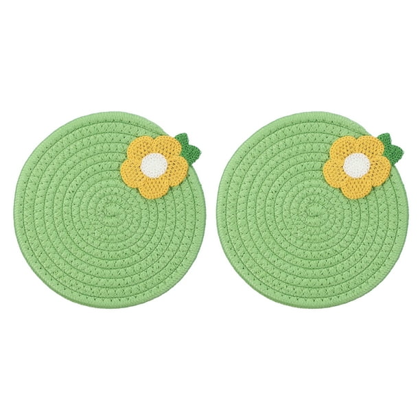 2Pcs Manteles Individuales Redondos Trenzados, 7.1" Manteles Tejidos para Mesa de Cocina con Flores para Decoración de Granja (Verde)