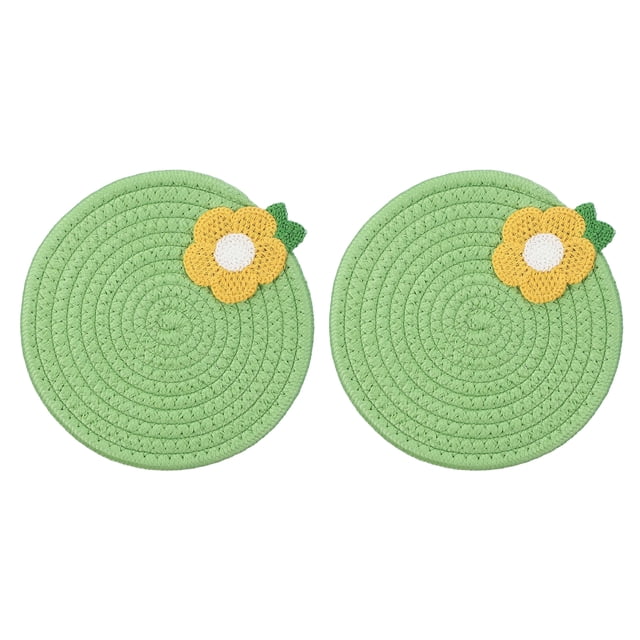 2Pcs Manteles Individuales Redondos Trenzados, 7.1" Manteles Tejidos para Mesa de Cocina con Flores para Decoración de Granja (Verde)