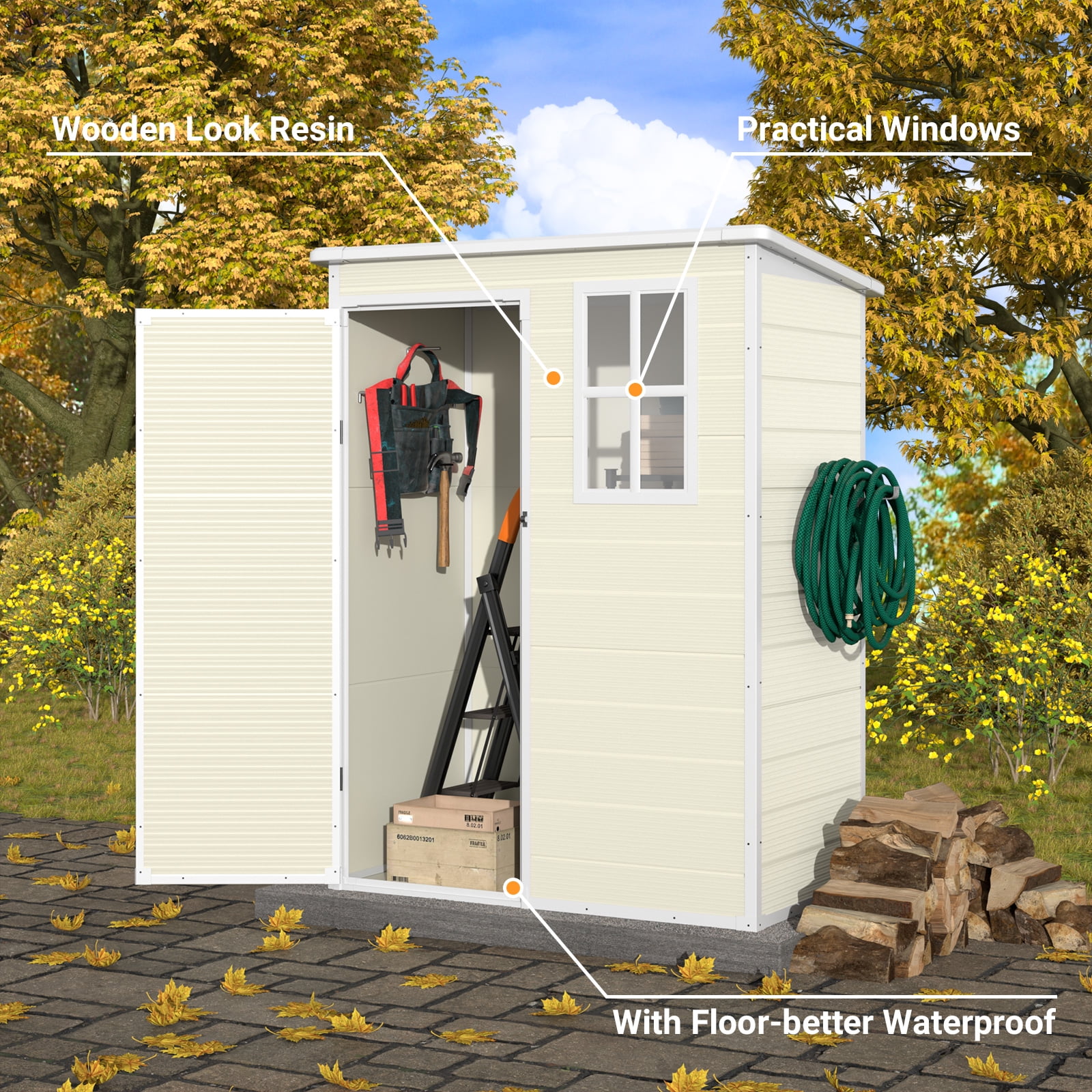 ELPOSUN Outdoor Storage Shed 5x3 FT, Resin Garden Shed for Bike, Garbage Can, Tool, Plastic Outside Sheds & Outdoor Storage Storage Box with Lockable Door for Backyard, Patio, Lawn, Sandstone