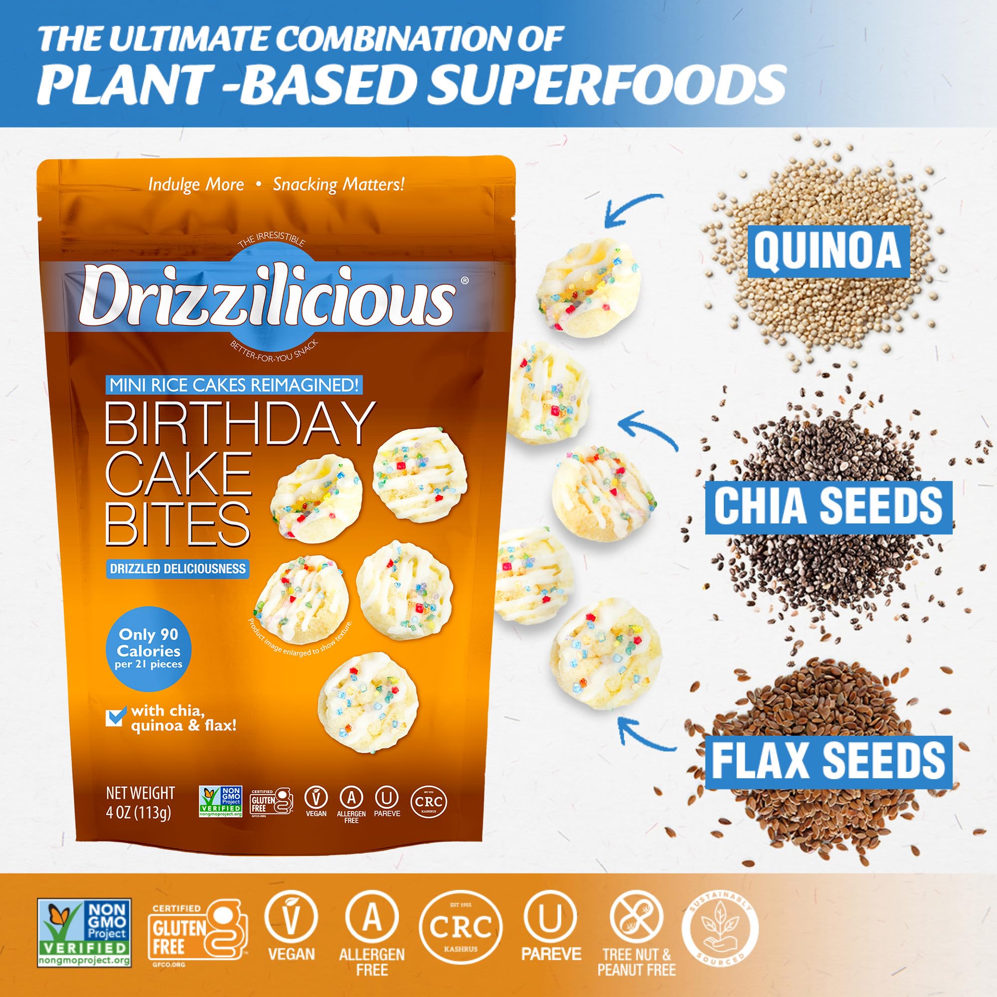 Drizzilicious Mini Rice Cakes MSF2&nbsp;Birthday Cake - Rice Crisps, Snack for Adults and Kids, Flavored Rice Cakes, Vegan, Gluten Free, Allergen Free, Only 90 Calories Per Serving - 4 oz (Pack of 6)