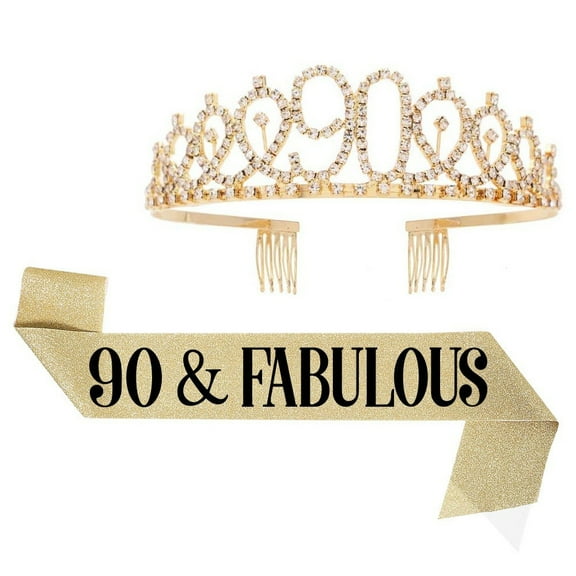 90th Brithday Sash and Crown hair band for Women, Birthday Crown for Happy 90th Birthday Party Decorations