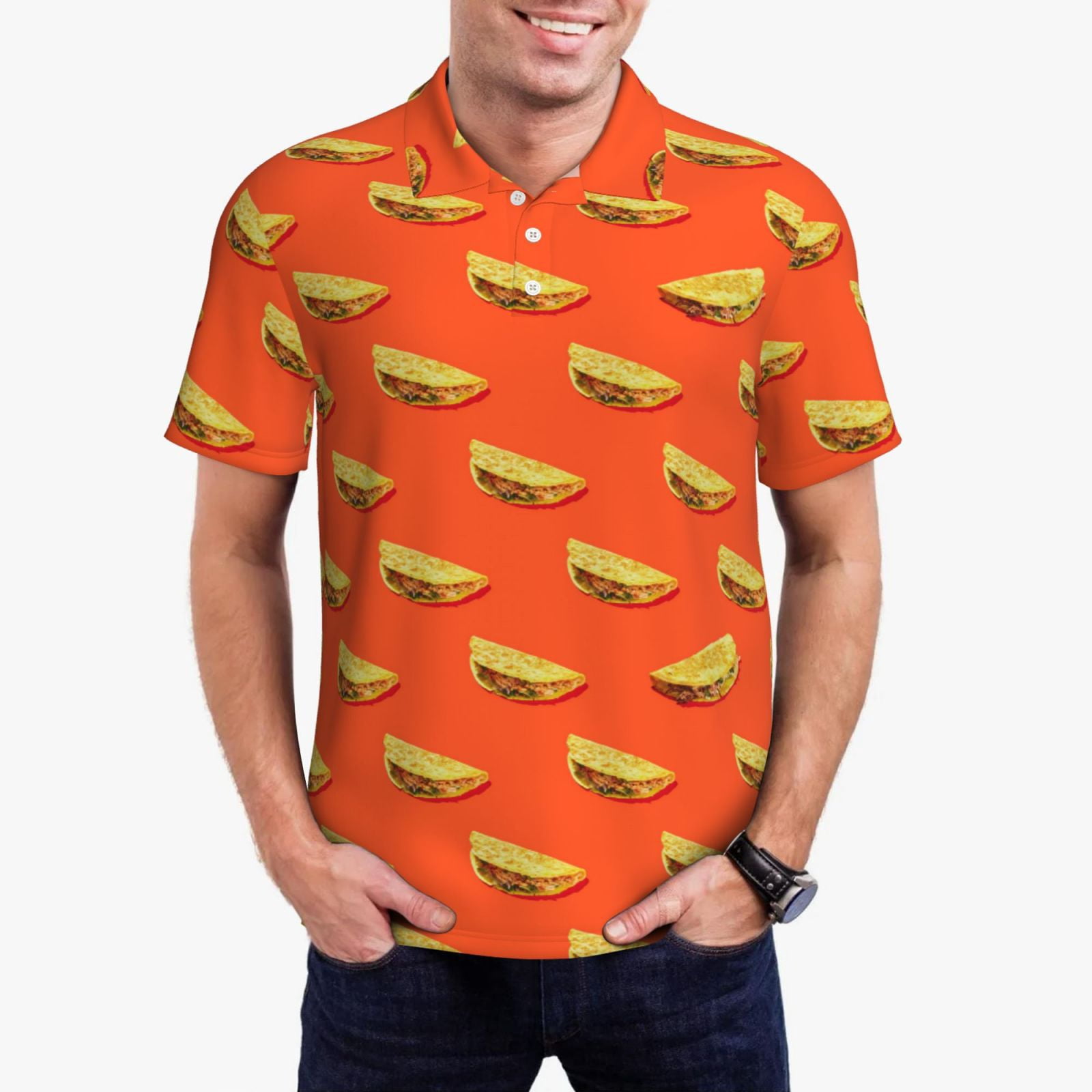 Fotbe tortilla tacos Pattern Men’s Golf Polo Shirt – Breathable Performance Golf Shirt with Button-Down Collar-X-Large