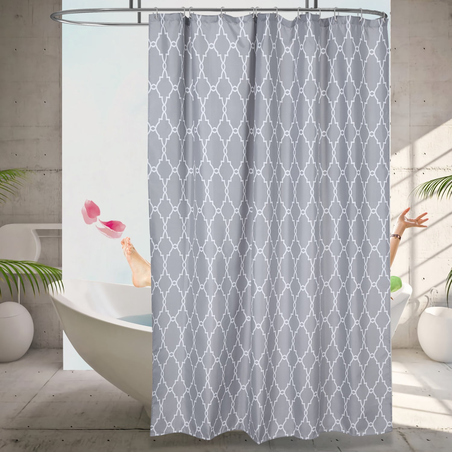 Bathroom Decor Shower Curtain Liner Waterproof Fabric & 12 Hook Gold Folding Fan