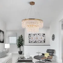 GMizon 24-inch modern luxury double-layer crystal chandelier, 3-tone light with LED bedroom chandelier, suitable for dining room and living room lighting fixtures (gold)