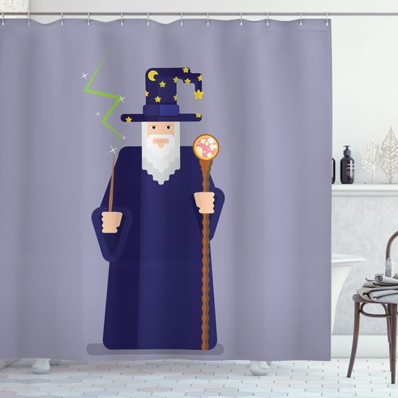 Magician Shower Curtain, Funny Cartoon of a Wizard Character with Wand, Fabric Bathroom Set with Hooks, 69W X 70L Inches, Ceil Blue Indigo, by Ambesonne