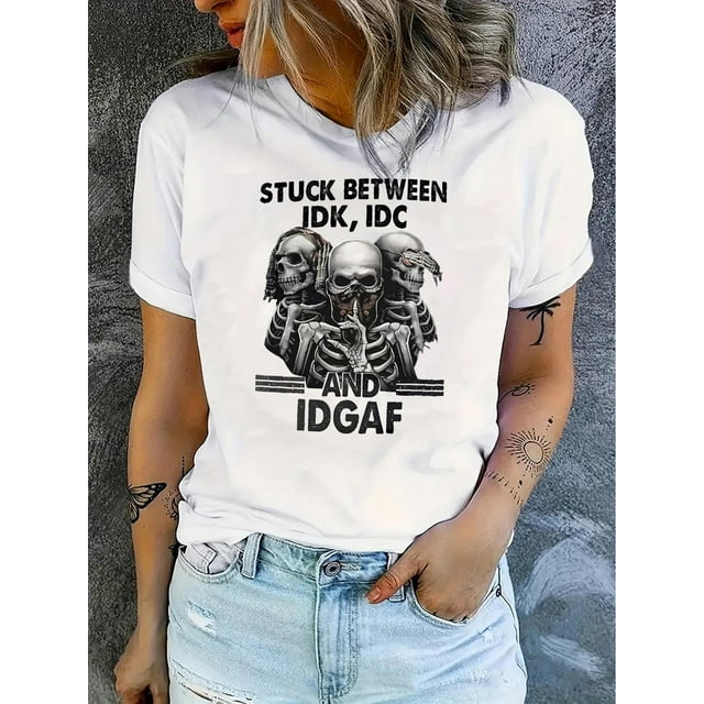 T-Shirt Décontracté en Mélange de Polyester et Spandex avec Imprimé Graphique de Crâne, Col Rond Manches Courtes pour Femmes, Confortable Toutes Saisons Motif Géométrique avec Étirement Moyen Fête des Pères, Fête des Mères, Nouveau