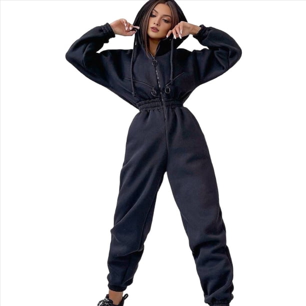 Conjunto de Mono de para Mujer, Sudadera con Capucha y Cintura Alta Negro M