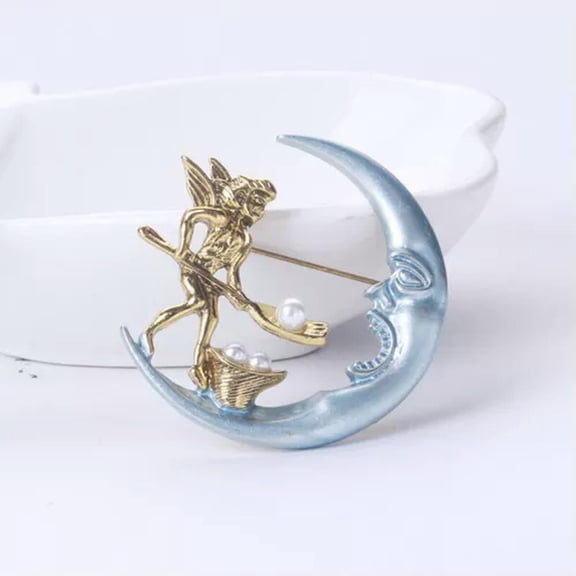 QQTDFG Angel Feed The Crescent Moon Charm Pendant Brooch Pin Gold Tone Enamel Pearl -Silver